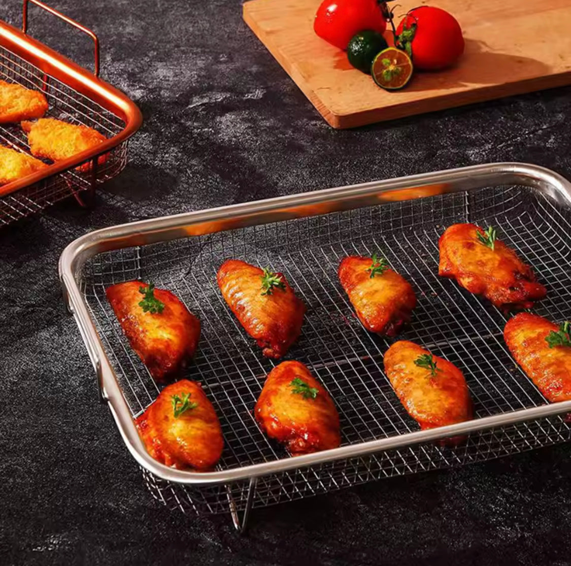 Stainless Steel Air Fryer Tray, Double Non Stick Crisper Tray, Multifunction Roasting Frying Basket, Oven Grill Pan Basket, Kitchen Cooking Tool