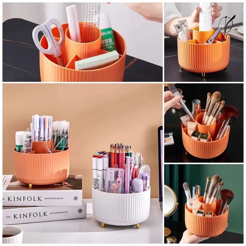 Versatile Desk Organizer, Multi Compartment Storage Box, 360°Rotating Desktop Makeup Brushes Organizer, Portable Stationary Holder, Skincare Pen Organizer Stand, 5 Slots 360 Degree Rotating Desk Organizers