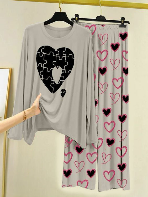 Printed Night Suit With Trouser, Sleep Wear Comfy Dress For Women, Cute Cartoon design Shirts And Heart Print Trouser