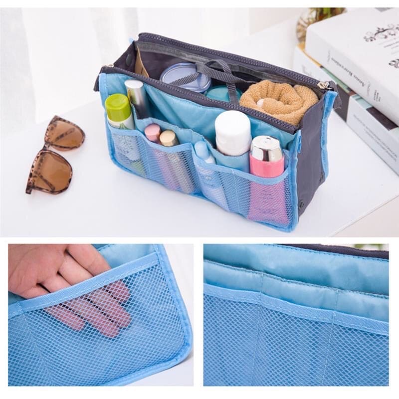 Organizer Insert Bag, Nylon Travel Handbag Purse, Large liner Lady Makeup Cosmetic Bag, Multi Zipper Makeup Bag, Double Zipper Storage Bag, Multipurpose Tote Bag