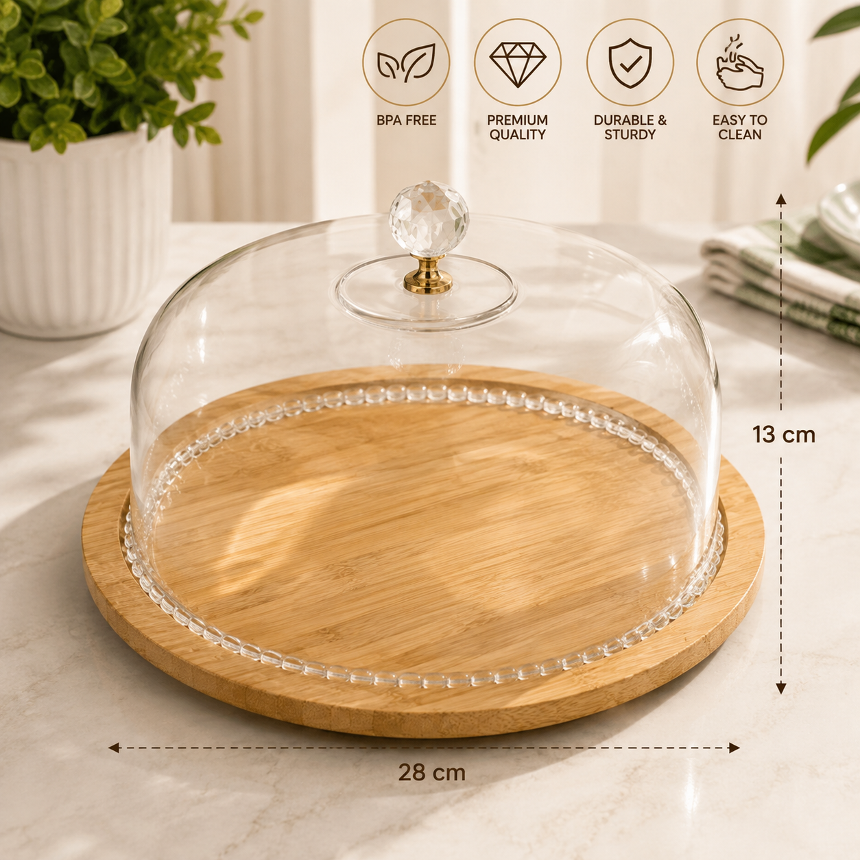 Transparent Cake Display Dome with Wooden Stand, Round Glass Food Display Cover, Decorative Glass Cloche, Food Display Cloche with Wooden Serving Tray
