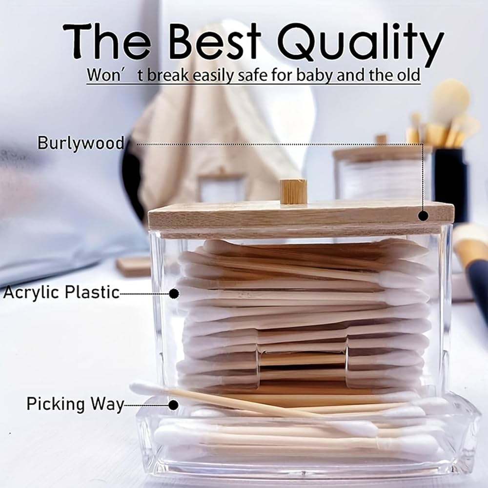 Acrylic Cotton Swab Holder with Bamboo Lid, Transparent Cotton Swab Dispenser, Decorative Cotton Bud Storage Container