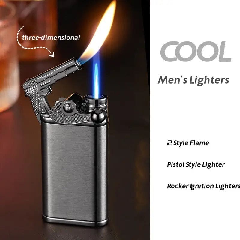 Gun Dual Flame Lighter, Rocker Arm Shape Lighter, Metal Inflatable Double Fire Lighter, Windproof Jet Turbo Lighter, Metal Double Flame Lighter, Open Fire Conversion Lighter, Creative Double Fire Flame Lighter, Butane Cigarette Lighter