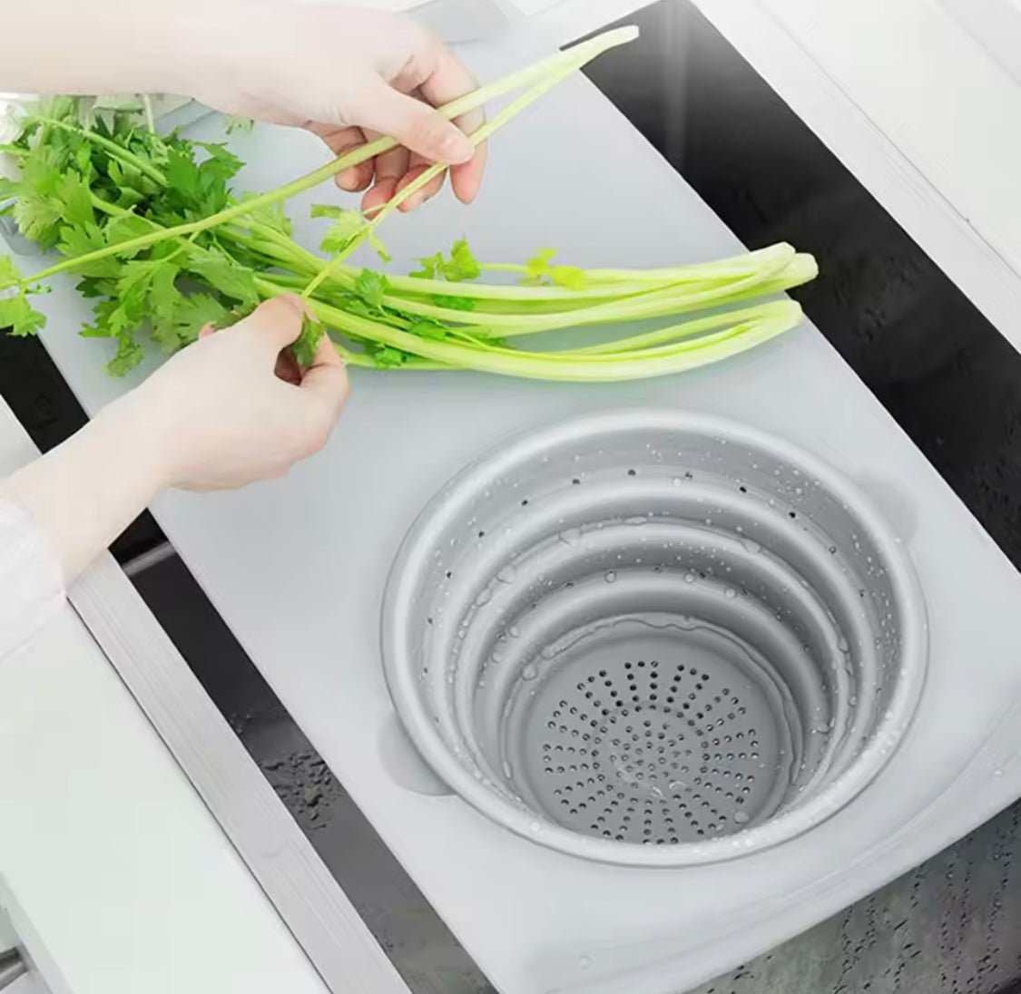 MultiFunctional Cutting Board With Sink Drain Basket, Over The Sink Cutting Board With Strainer, Vegetable Fruit Cutting Board