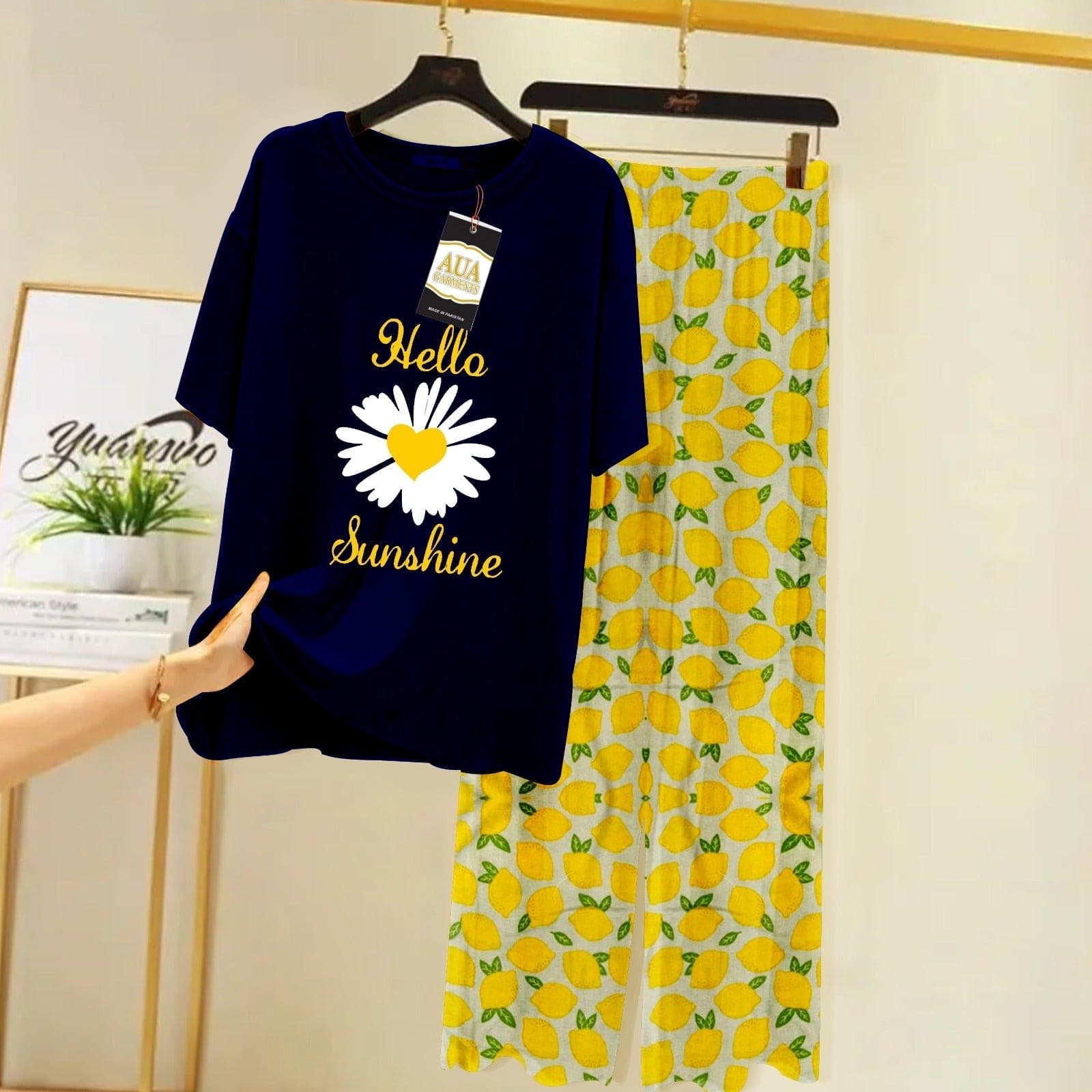 Hello Sunshine Summer Nightsuit, Comfortable Women Nightwear, Comfy Casual Round Neck Suit, Paneled Baggy Sleepwear