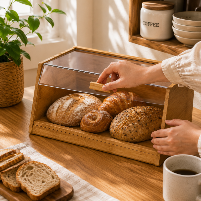 Wooden Bread Keeper with Acrylic Lid, Wooden Countertop Bread Organizer, Kitchen Bread Storage Cabinet with Transparent Door