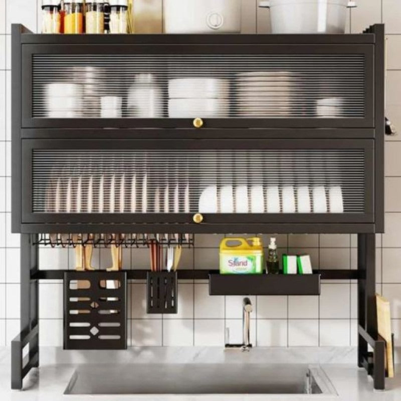 Multifunctional Flip Kitchen Dish Rack, Over Sink Countertop Kitchen Storage Shelf, Metal Cabinet Door Crockery Shelf, Expandable Sink Drainer Drying Rack with Door, Telescoping Dish Storage Rack