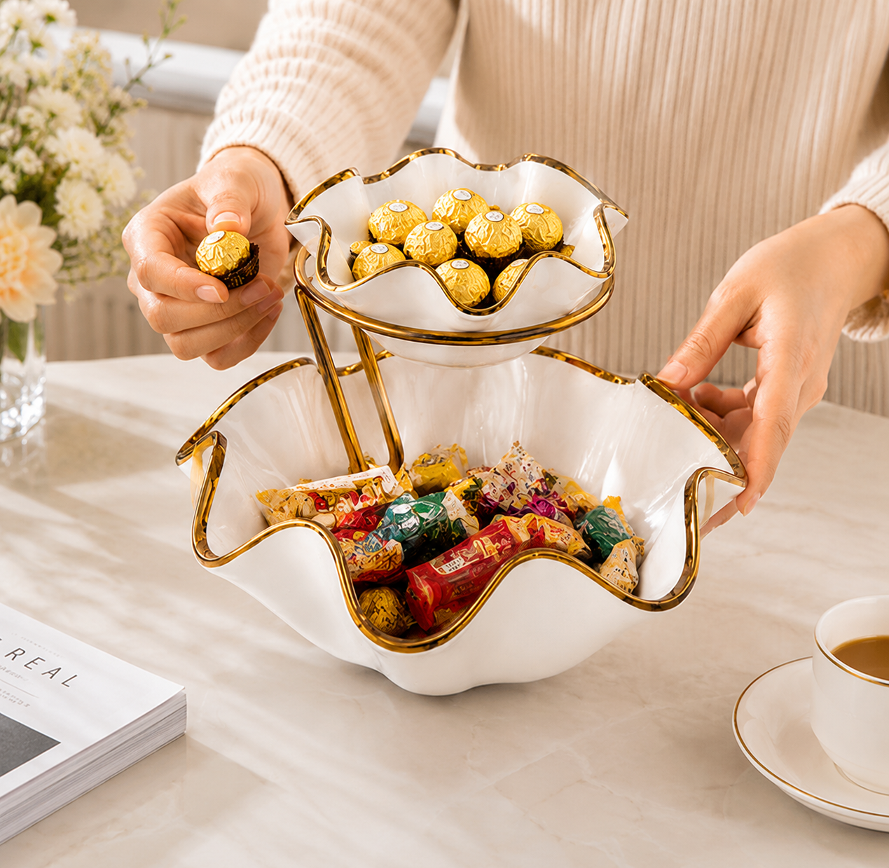 Elegant 2 Tier Serving Bowl Stand, Wave Design 2 Tier Serving Bowl, Classic White Gold Serving Stand, Elegant Multi Purpose Serving Bowl