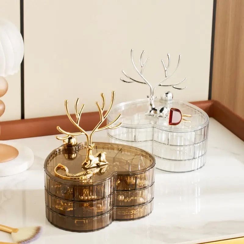 Little Deer Jewellery Organizer, 3 Layer Rotating Necklace Jewelry Box, Light Luxury Heart Desktop Sundries Makeup Organizer, Elegant Decorative Necklace Earrings Bracelet Container, Acrylic Jewelry Display Stand, Large Capacity Striped Box