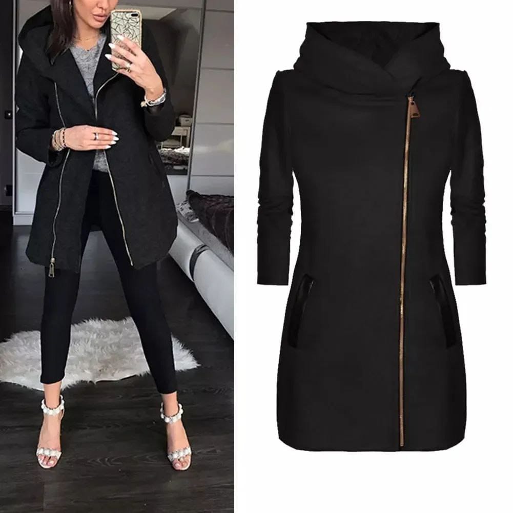 Women Long Leather Patch Side Zipper Jacket