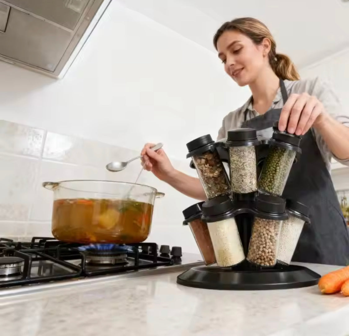 360° Rotating Spice Carousel withSeasoning Jars, Salt Shaker, Kitchen Organizers, 360° Revolving Masala Rack