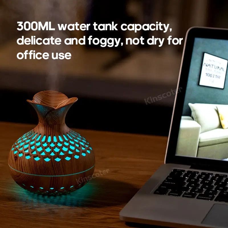 Mini Vase Air Humidifier, Wood Grain Flower Humidifier, 300ml USB Aroma Diffuser,  Electric Ultrasonic Water Aroma Essential Oil Diffuser, Home Room Fragrance Air Purifier, 7 Color Portable Cool Mist Humidifier