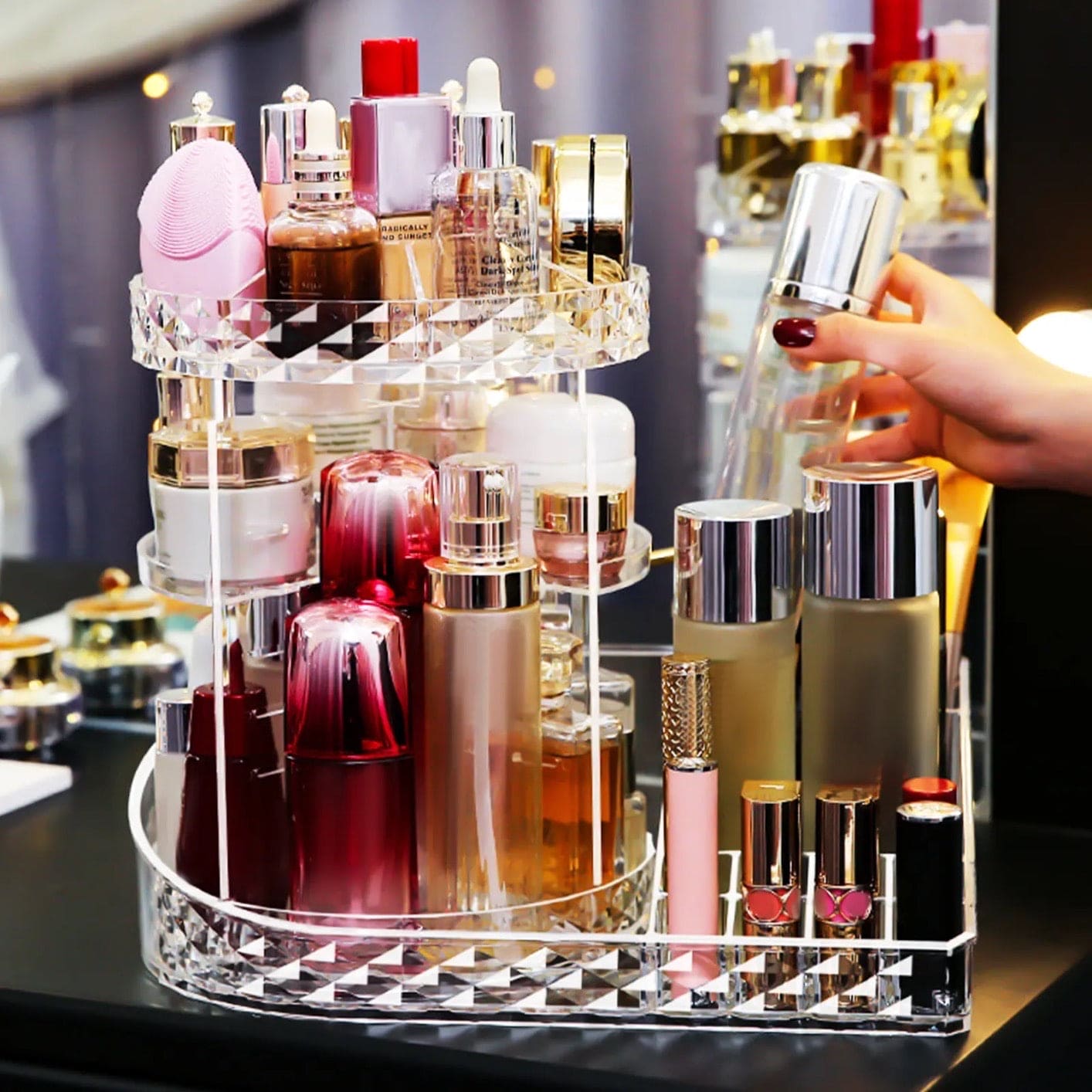 All In One Makeup Organizer, 360 Degree Rotation Makeup Organizer, Crystal Makeup Display Stand, Multifunction Detachable Makeup Beauty Organizer, Adjustable Cosmetic Display Case, Rotatable Transparent Beauty Organizer