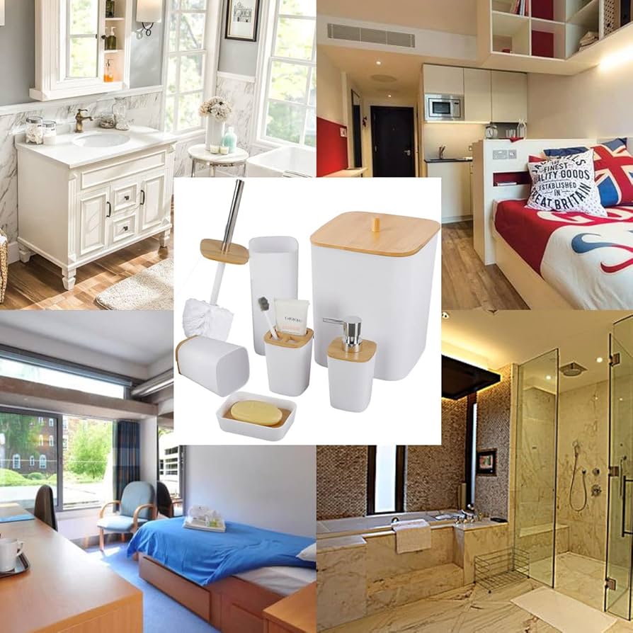 7 Pieces Bamboo Bathroom Accessories set, Luxury Modern Bathroom Accessory Bath Set, Toilet Accessories, Trash Can, Toothbrush Holder Cup, Soap Dish Holder, Soap Dispenser