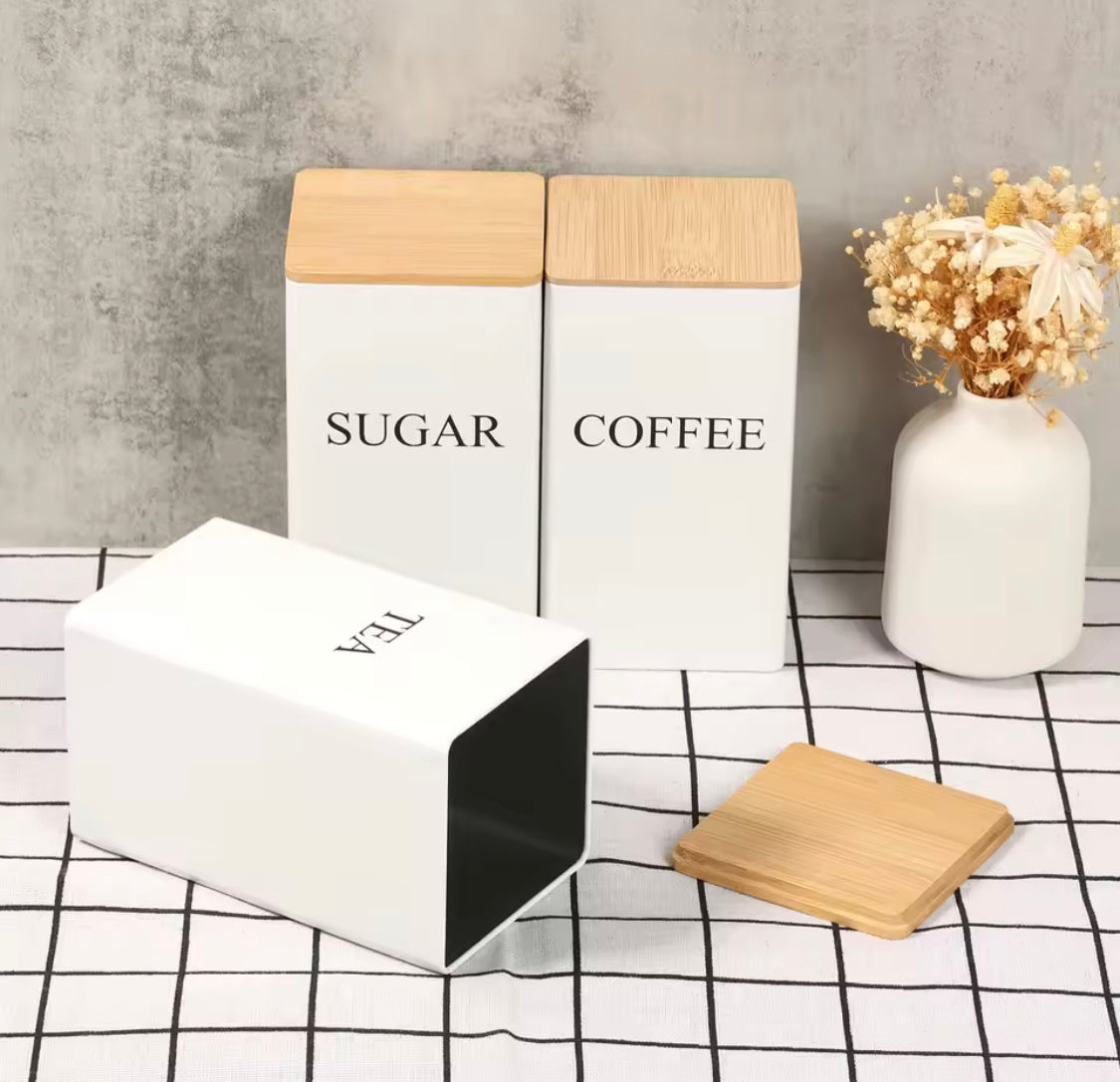 3Pcs Coffee Bean Storage With Bamboo Lid, Square Seasoning Box Organizer, Coffee Sugar Tea Storage Container Jars, Coffee Canister With Bamboo Lid, Set Of 3 Tea And Sugar Pot