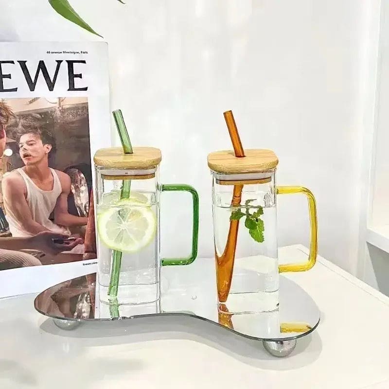 Square Coffee Mug With Wooden Top And Straw, 400ml Colored Handle Drinking Glass Cup, Transparent Drink Cup, Party Beverage Cup, Portable Glass Water Cup with Straw Lid, Household Borosilicate Straw Glass