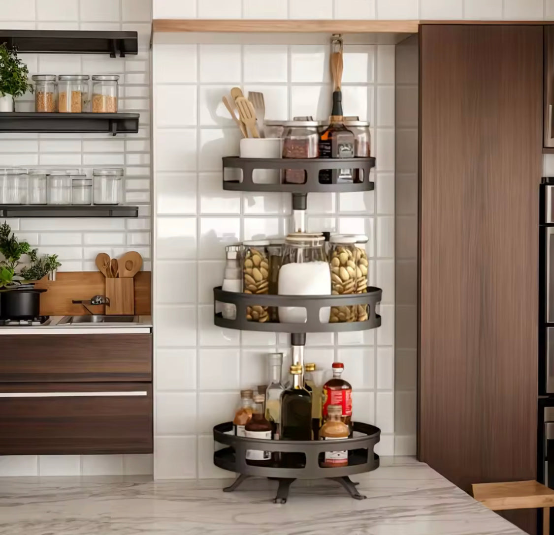 360° Rotation Spice Rack Organizer, Multi Layer Carbon Steel Kitchen Storage Rack, Non Skid Base Kitchen Storage Rack