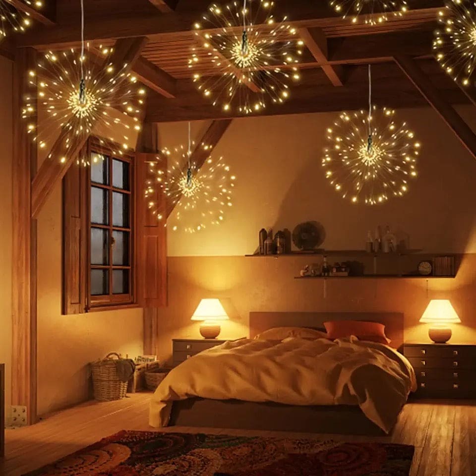 Fire Works String Light, 120 LED Copper Wire Firework Lights, Battery Operated Fairy String Lights with Remote, Waterproof Starburst Firework Garland String Lights