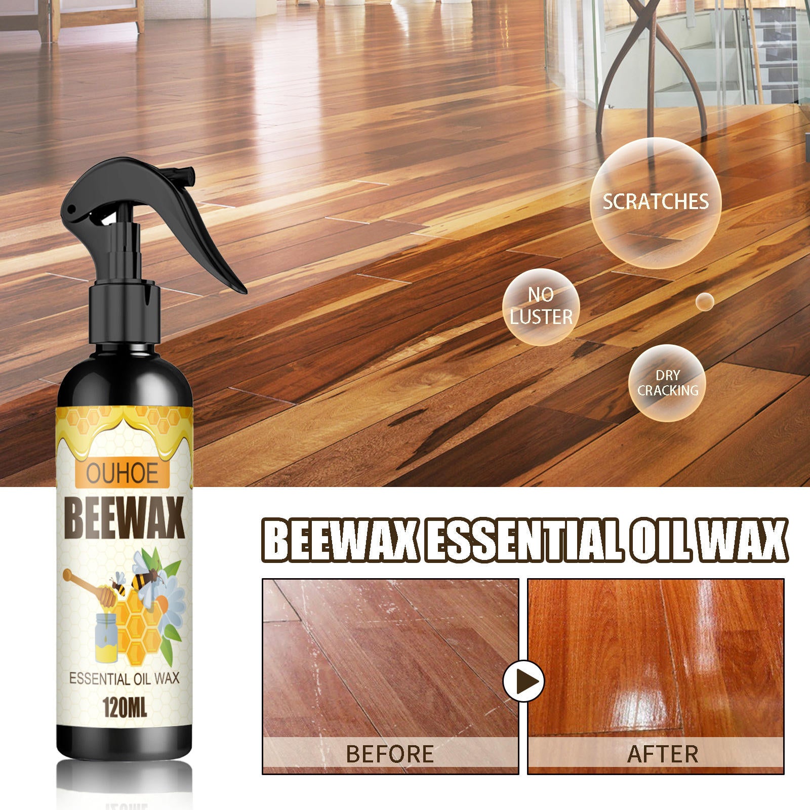Beewax Natural Polish Spray, Honey Glow Wood Polish, Wood Revive Essential Oil Wax, Floor & Furniture Therapy