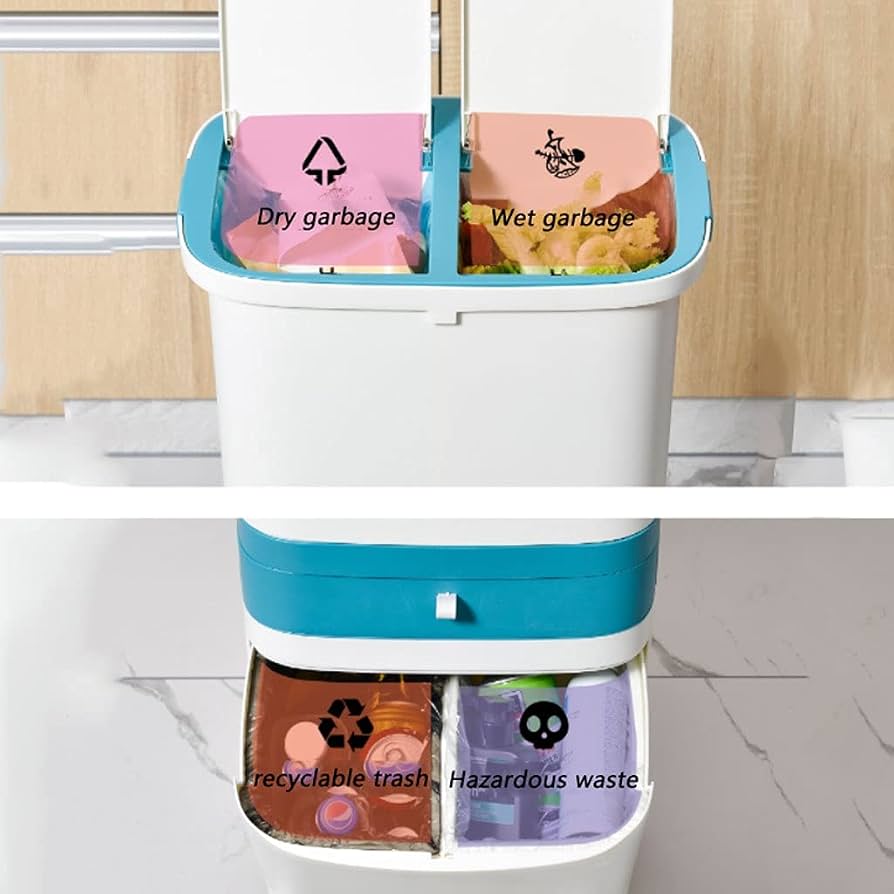 3 In 1 Kitchen Waste Bin Organizer, 2 Layers Garbage Container With Wheels, Smart Dual Trash Bin with Storage Drawer, Multi Layer Kitchen Dustbin, Rolling Kitchen Trash Bin with Drawer, Dual Compartment Waste Sorting Bin