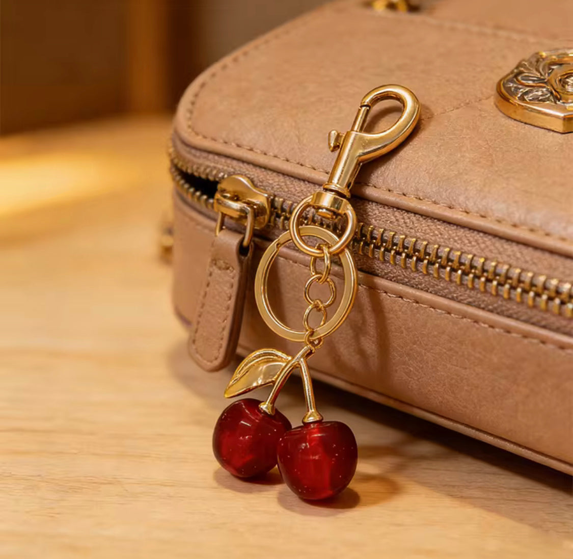 Acrylic Cherry Blossom Keychain, Elegant Gold Cherry Keychain, Fashion Cherry Bag Accessory, Glitter Cherry Charm Keychain For Handbags