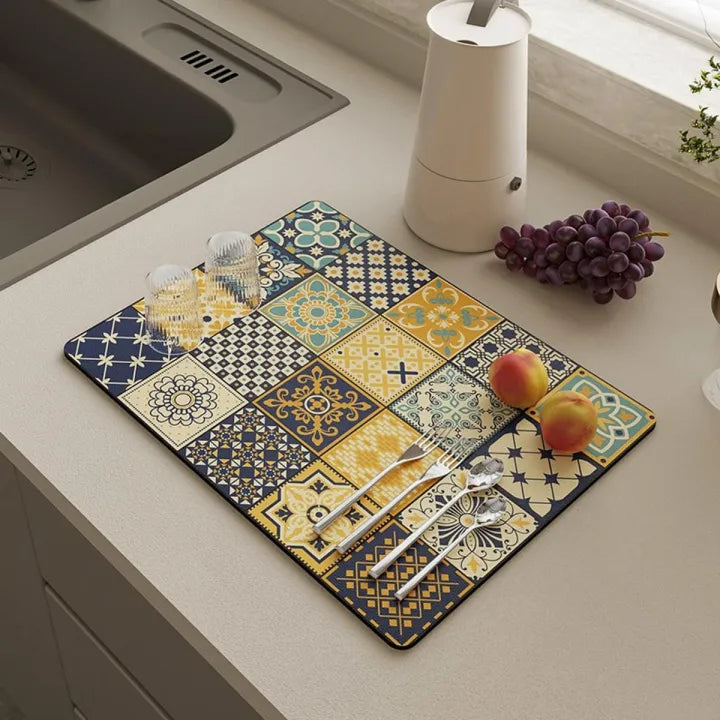 Printed Kitchen Water Absorbing Mat, Waterproof Kitchen Countertop Drying Mat, Tableware Dish Drying Coffee Mat