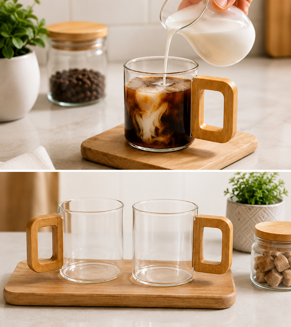 Transparent Glass Coffee Mug with Wooden Handle, Heat Resistant Tea Cup, Coffee Drinking Mug, Daily Sip Glass Cup, Nordic Wooden Handle Mug