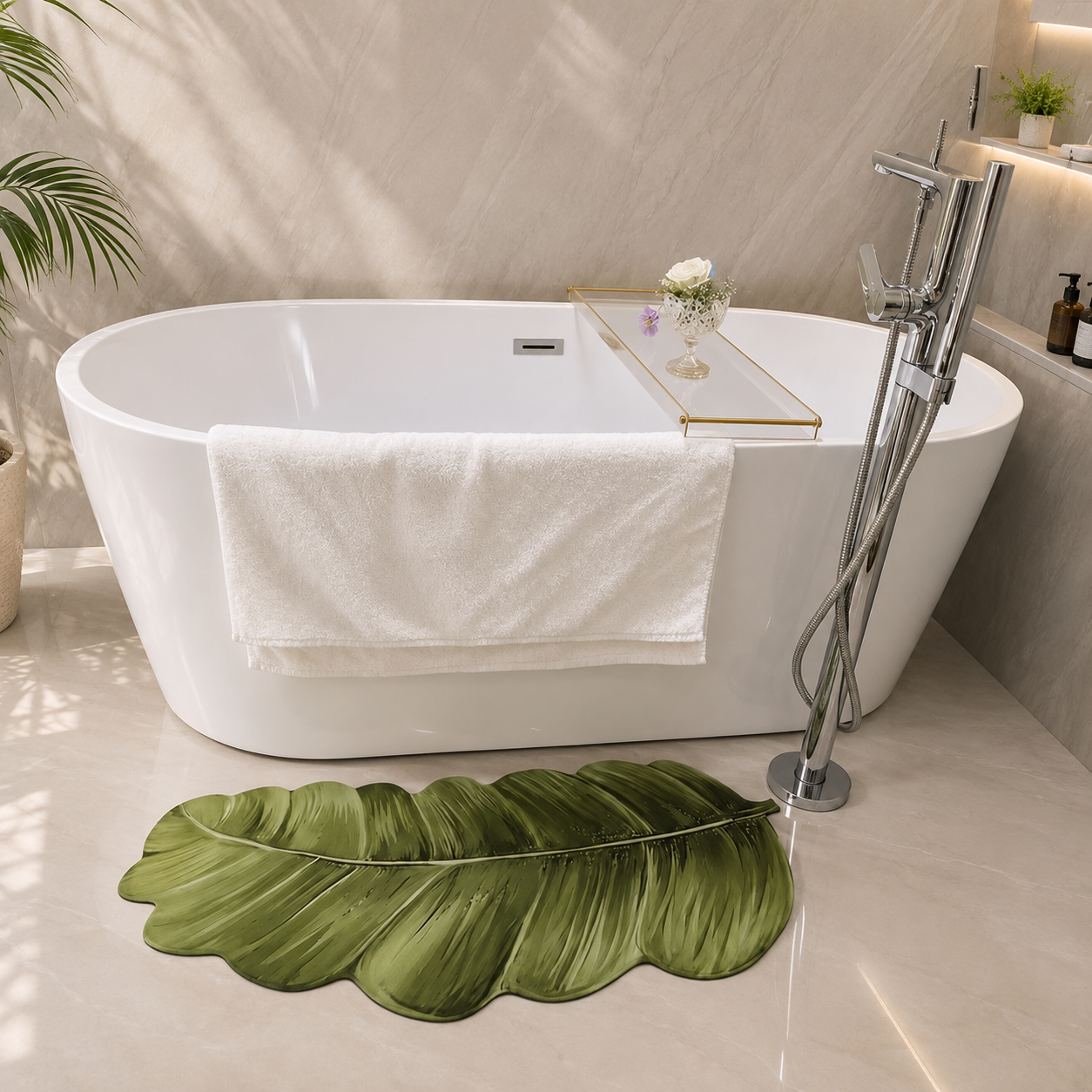 Luxury Tropical Leaf Bath Mat, Super Soft Non Slip Bathroom Rug, Tropical Banana Leaf Bath Rug, Luxury Palm Leaf Floor Mat,  Decorative Leaf Bath Mat