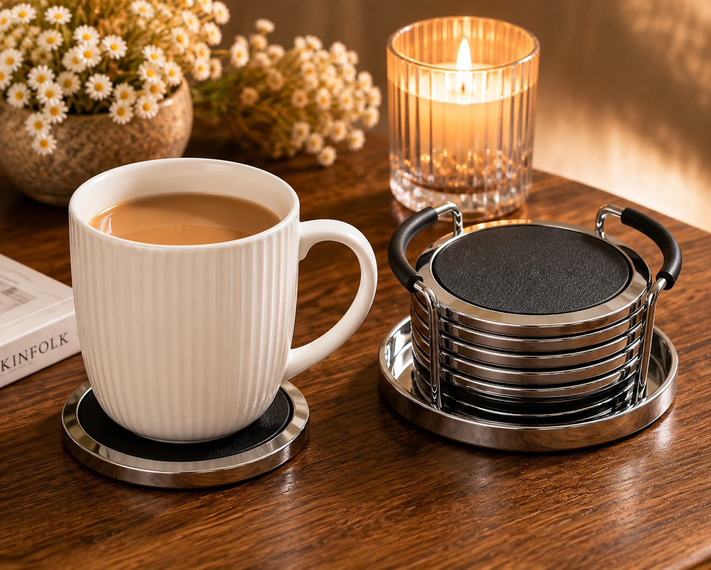 Stainless Steel Cup Coaster Set, 
Elegant Round Beverage Coaster Set, Premium Metal Drink Coaster Set with Organizer Stand