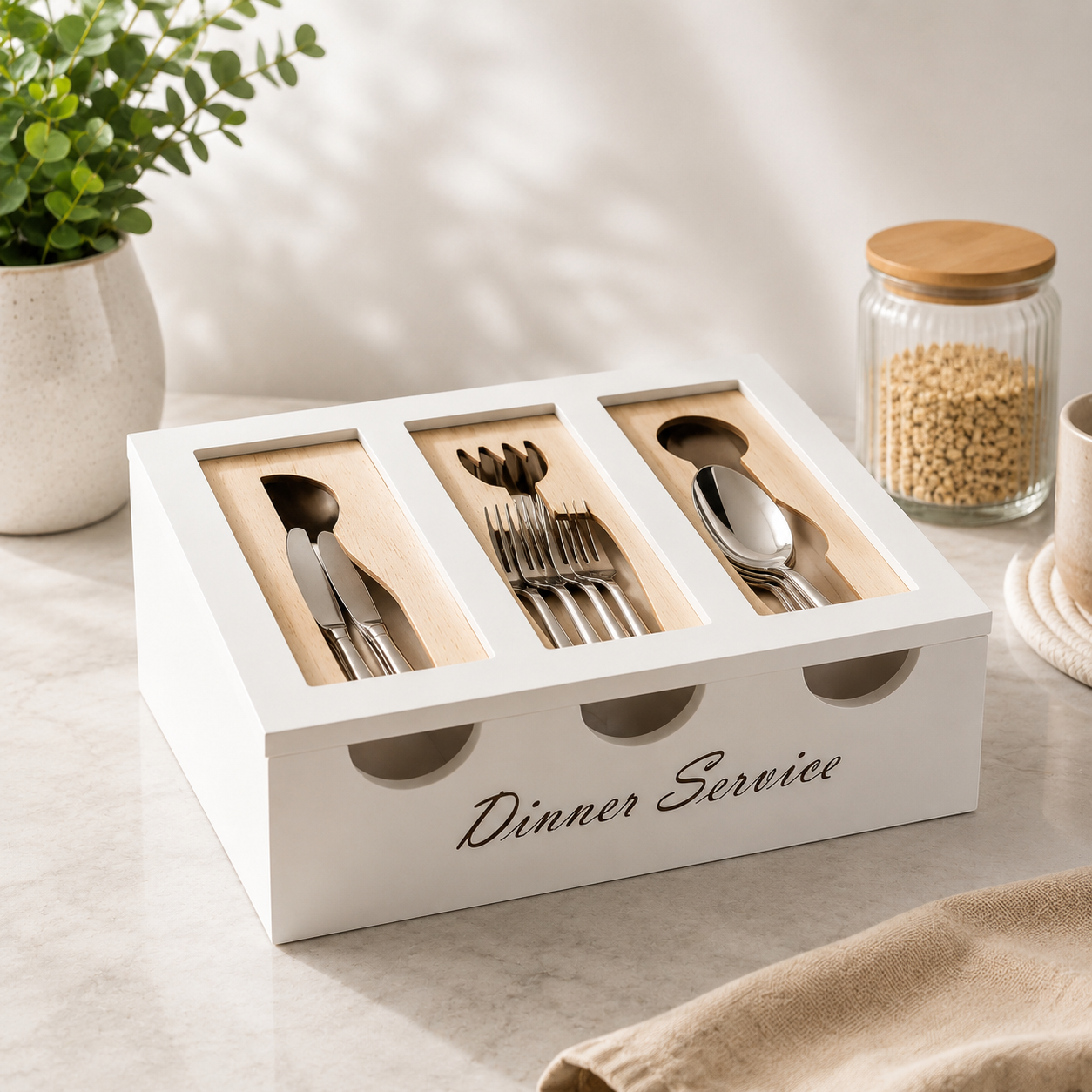 3 Compartment Wooden Cutlery Box with Lid, Wooden Cutlery Organizer Storage Box, Vintage Wooden Cutlery Organizer Box, Spoon, Fork And Knife Storage Holder
