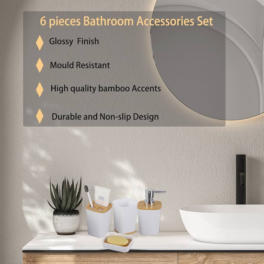 7 Pieces Bamboo Bathroom Accessories set, Luxury Modern Bathroom Accessory Bath Set, Toilet Accessories, Trash Can, Toothbrush Holder Cup, Soap Dish Holder, Soap Dispenser