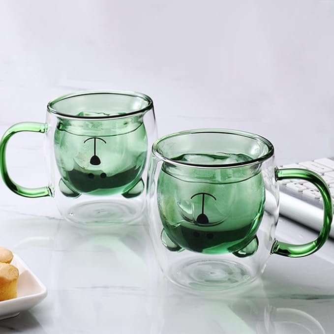Adorable Bear Face Glass Coffee Mug, Double Wall Bear Buddy Glass Cup, Cute Bear Thermal Glass Mug
