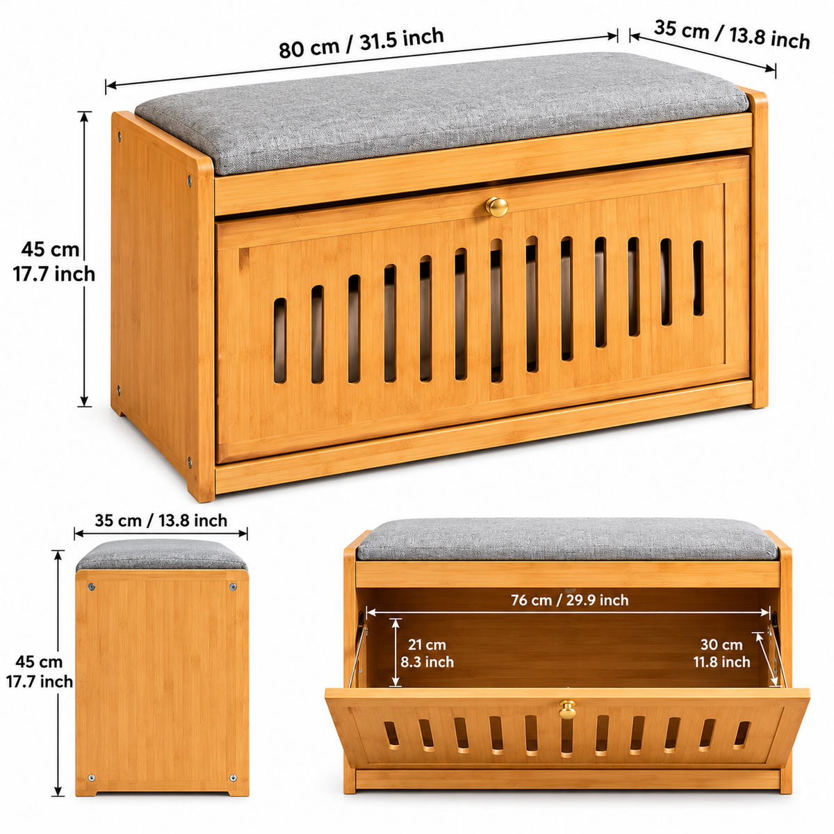 Bamboo Storage Bench with Slatted Door and Cushion, Wooden Shoe Cabinet with Padded Cushion, Multipurpose Shoe Storage Cabinet