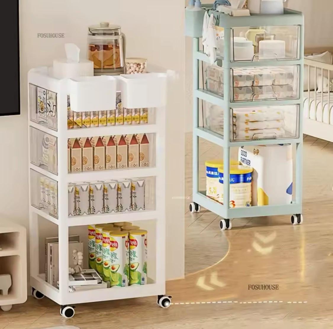 4 Layer Movable Living Room Trolley, Multi Purpose Storage Cart with Wheels, Portable Mobile Display Shelf