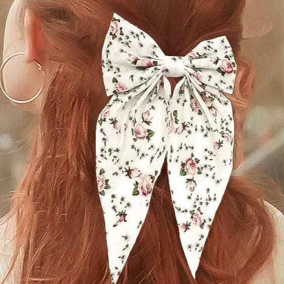 Bow Hair Clip, Scarf Bow Hair French, Elegant Long Tail Hair Barrettes, Non Slip Hair Decorations For Women Girls, Fresh Floral Hairpin, Bowknot Hair Duckbill Clip Accessories