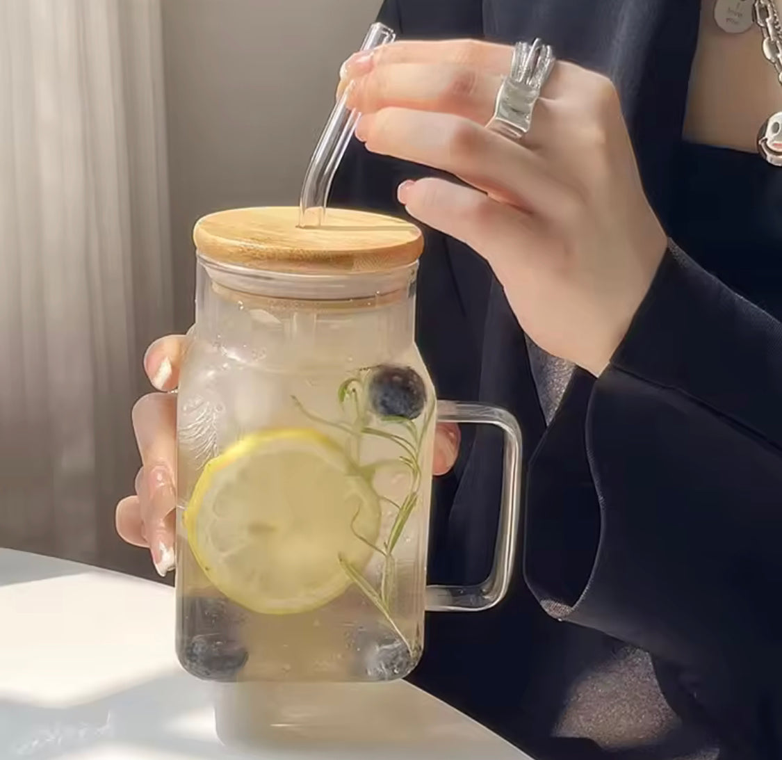 600ml Glass Straw Cup With Handle, Reusable Iced Coffee Mug, Aesthetics Smoothie Cups, Glass Water Tumbler
