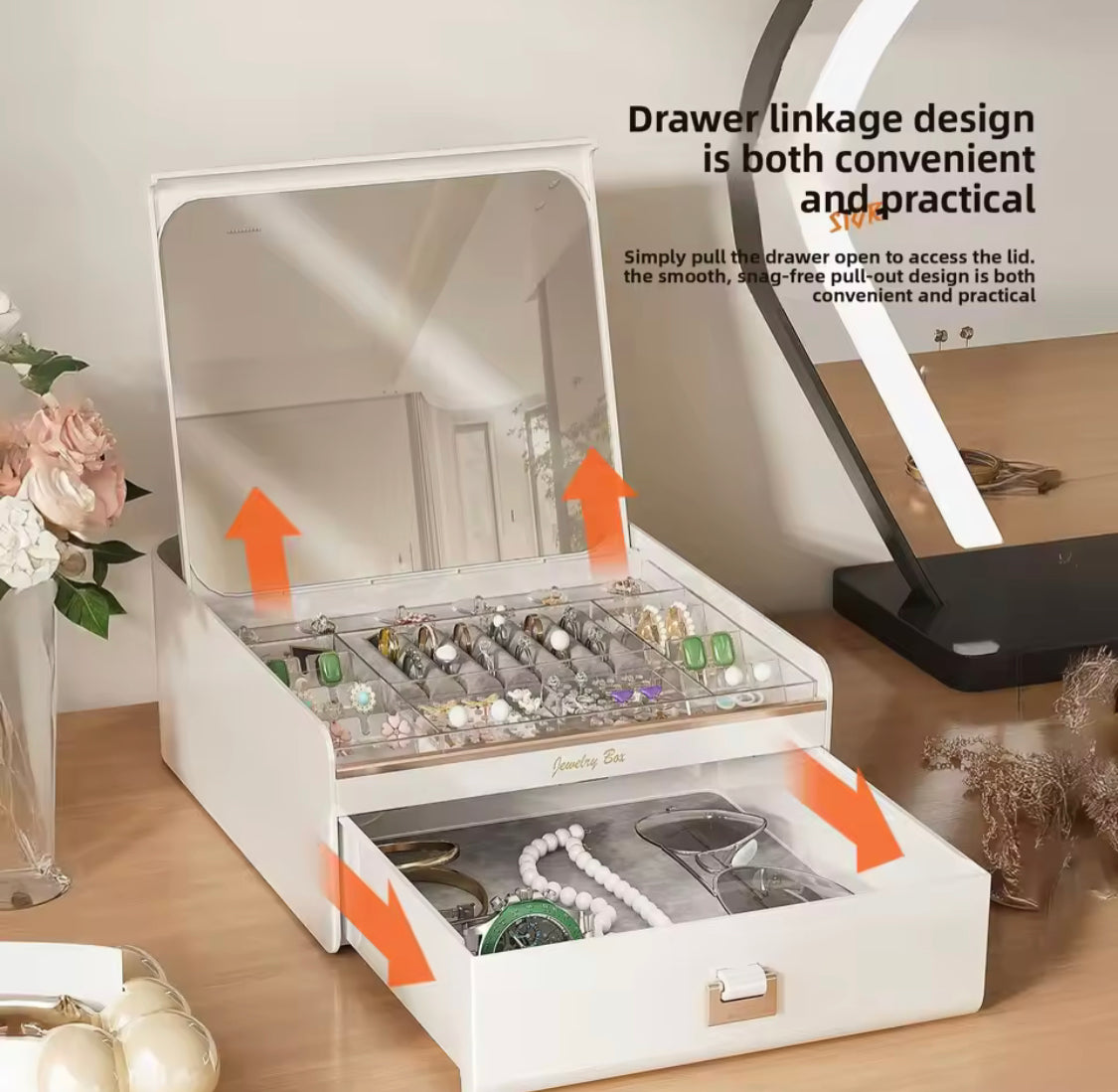 Multi Compartment Jewelry Storage Box with Mirror, Vanity Jewelry Organizer with Drawer & Mirror, Double Layer Jewelry Storage Box