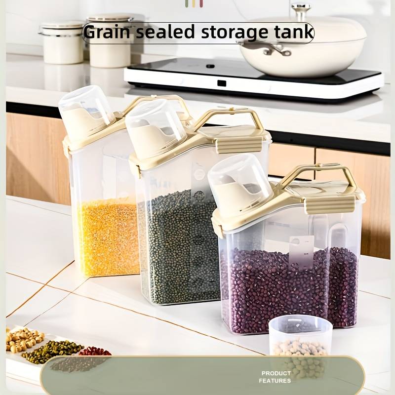 Beige Rectangle Rice Containers Cube Rice Storage Box, Kitchen Sealed Food Container, Transparent Grai ...