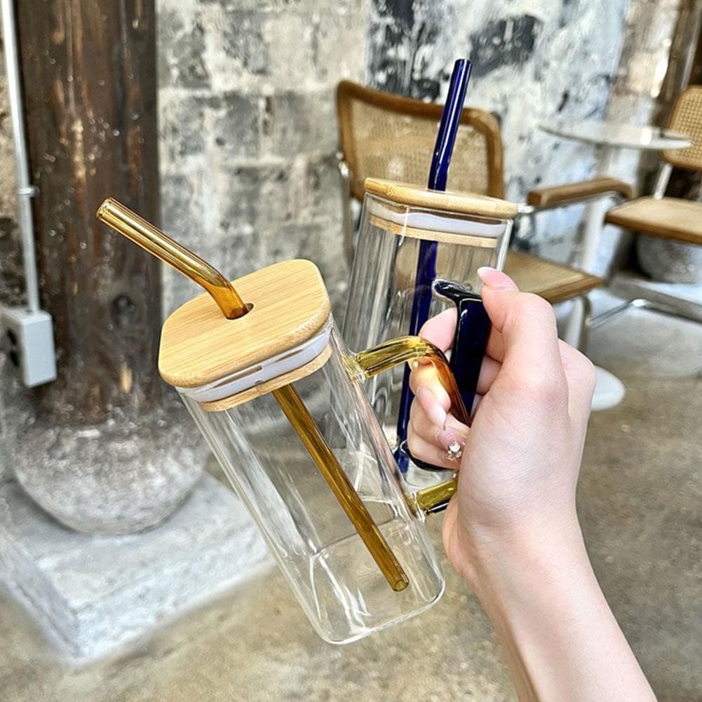 Square Coffee Mug With Wooden Top And Straw, 400ml Colored Handle Drinking Glass Cup, Transparent Drink Cup, Party Beverage Cup, Portable Glass Water Cup with Straw Lid, Household Borosilicate Straw Glass