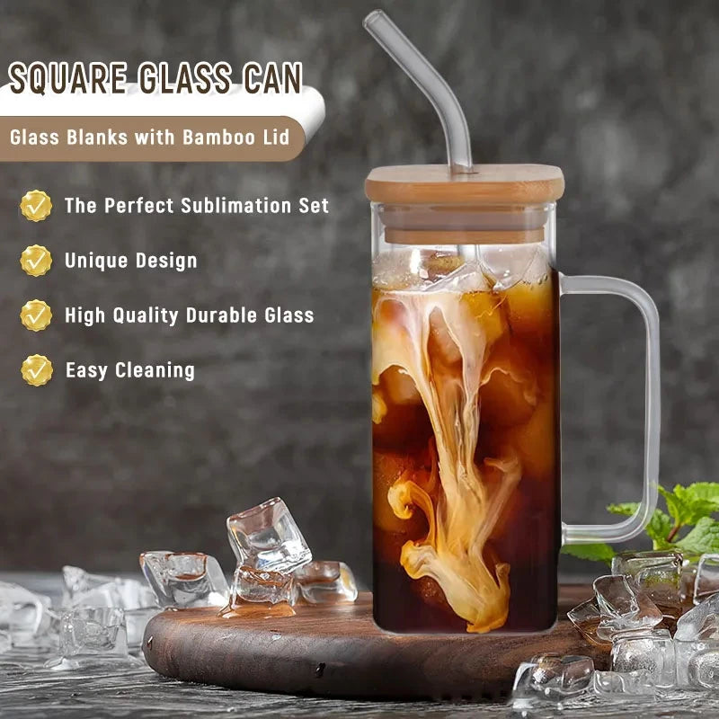 Square Coffee Mug With Wooden Top And Straw, 400ml Colored Handle Drinking Glass Cup, Transparent Drink Cup, Party Beverage Cup, Portable Glass Water Cup with Straw Lid, Household Borosilicate Straw Glass