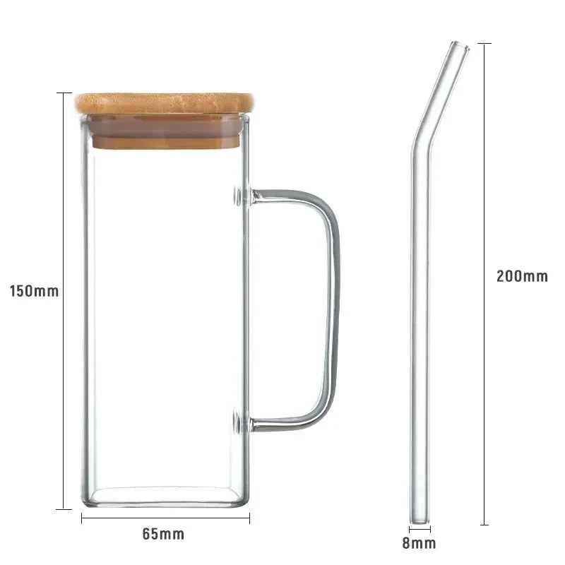 Square Coffee Mug With Wooden Top And Straw, 400ml Colored Handle Drinking Glass Cup, Transparent Drink Cup, Party Beverage Cup, Portable Glass Water Cup with Straw Lid, Household Borosilicate Straw Glass