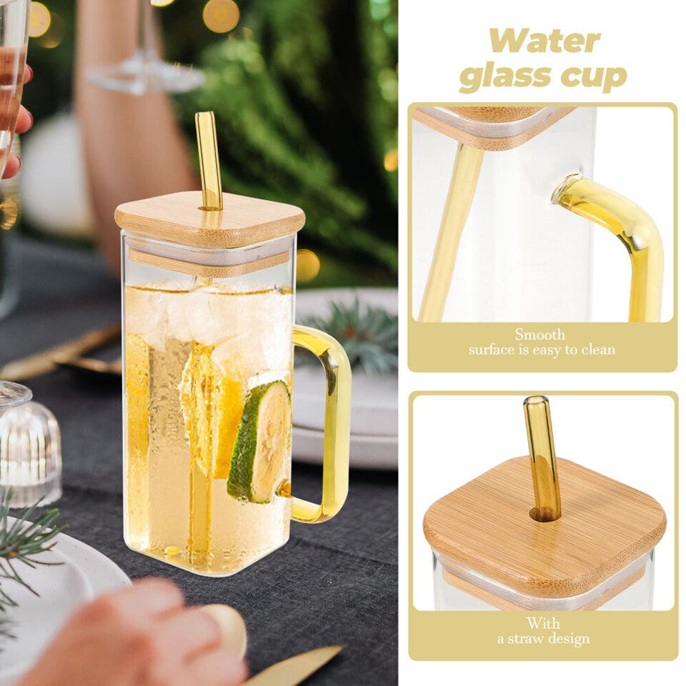 Square Coffee Mug With Wooden Top And Straw, 400ml Colored Handle Drinking Glass Cup, Transparent Drink Cup, Party Beverage Cup, Portable Glass Water Cup with Straw Lid, Household Borosilicate Straw Glass