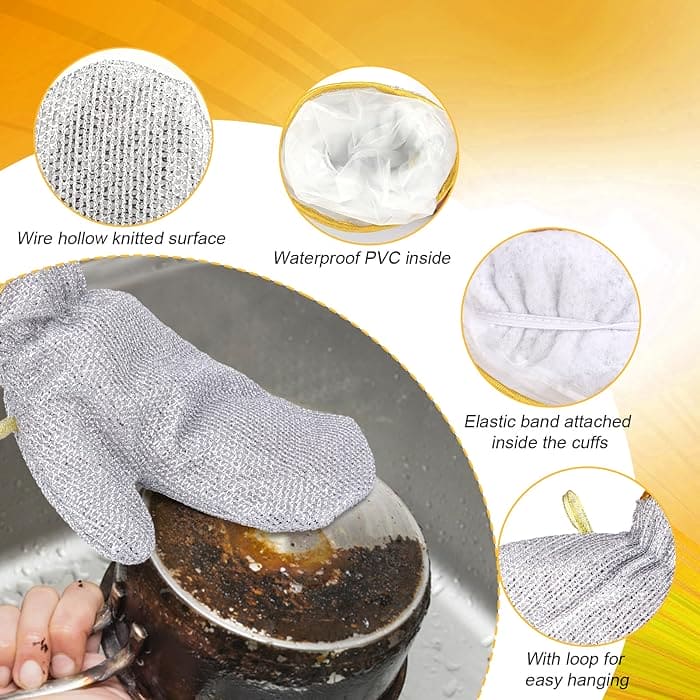 Steel Wire Dishwashing Glove, Multipurpose Anti Swiss Cleaning Rag, Waterproof Kitchen Cleaning Gloves, Oil-free, Silver Wire Dish Cleaning Glove, Multifunctional Non-Scratch Wire Dish Cloths