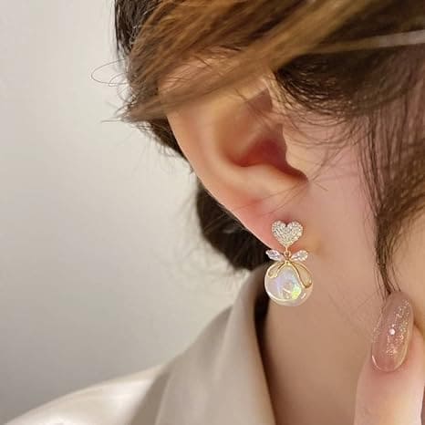 Shiny Heart Bow Pearl Earring, Rhinestone Inlaid Dangle Earrings, Heart Themed Pearl Drop Earrings Jewellery