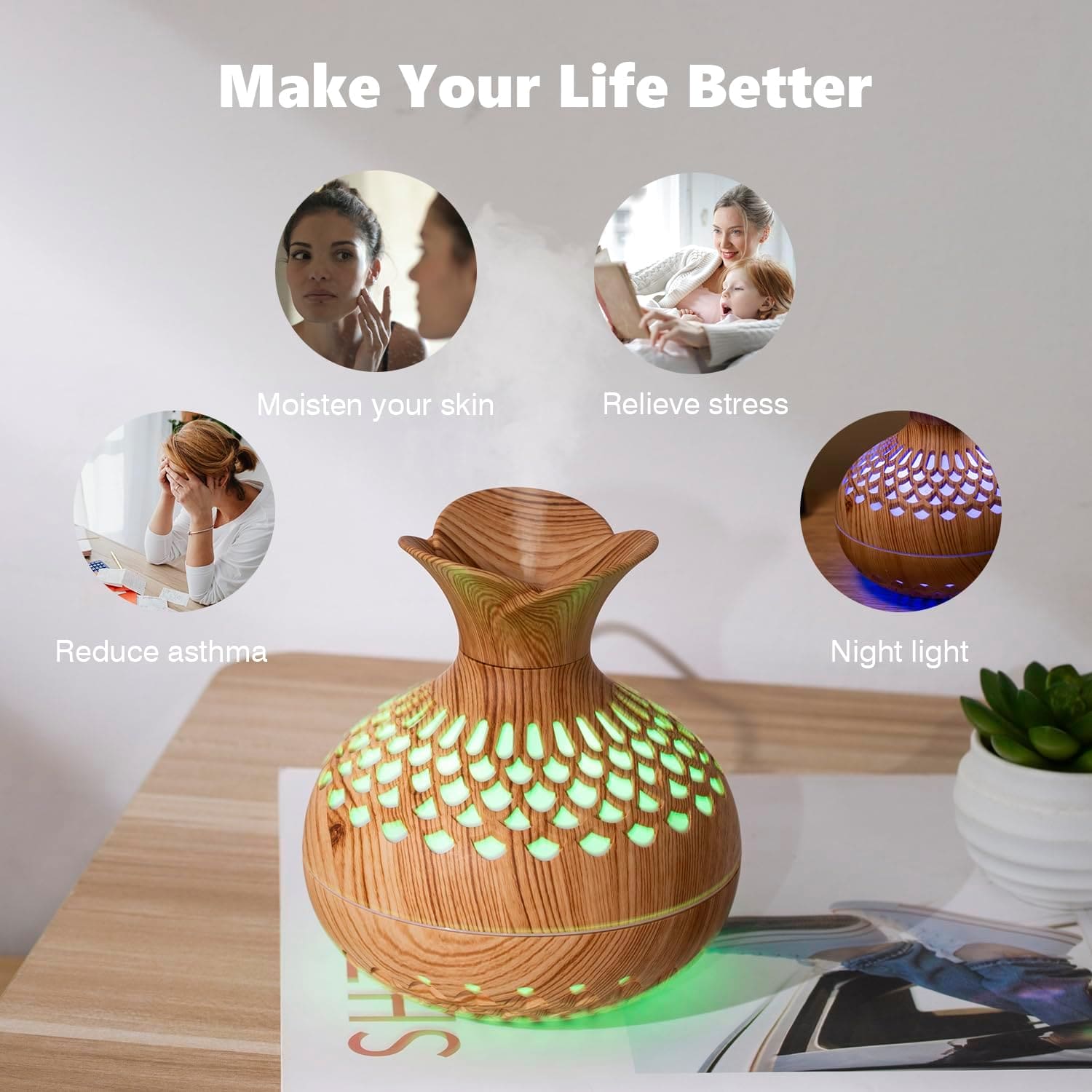 Mini Vase Air Humidifier, Wood Grain Flower Humidifier, 300ml USB Aroma Diffuser,  Electric Ultrasonic Water Aroma Essential Oil Diffuser, Home Room Fragrance Air Purifier, 7 Color Portable Cool Mist Humidifier