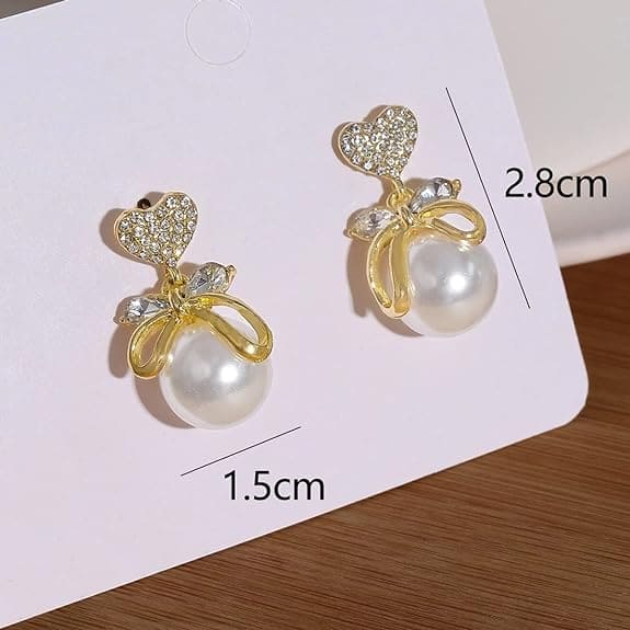 Shiny Heart Bow Pearl Earring, Rhinestone Inlaid Dangle Earrings, Heart Themed Pearl Drop Earrings