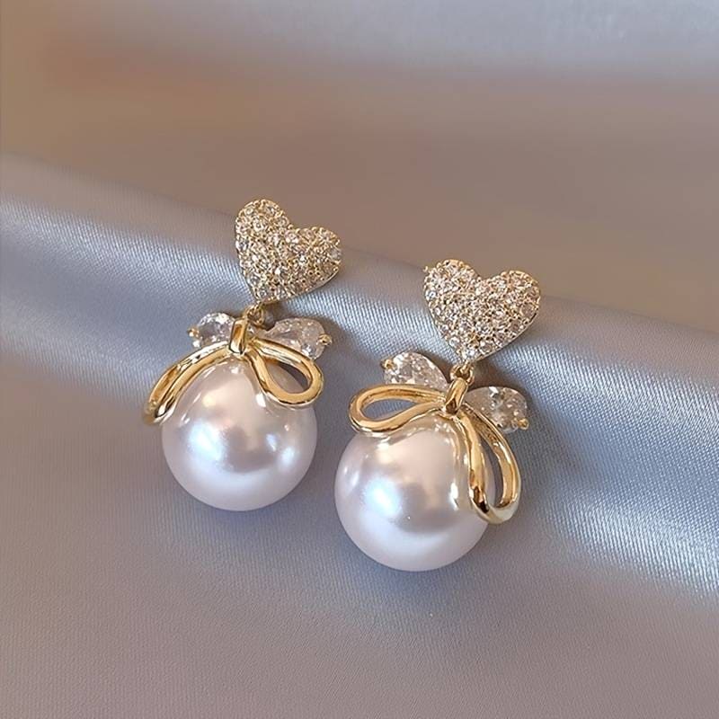 Shiny Heart Bow Pearl Earring, Rhinestone Inlaid Dangle Earrings, Heart Themed Pearl Drop Earrings Jewellery