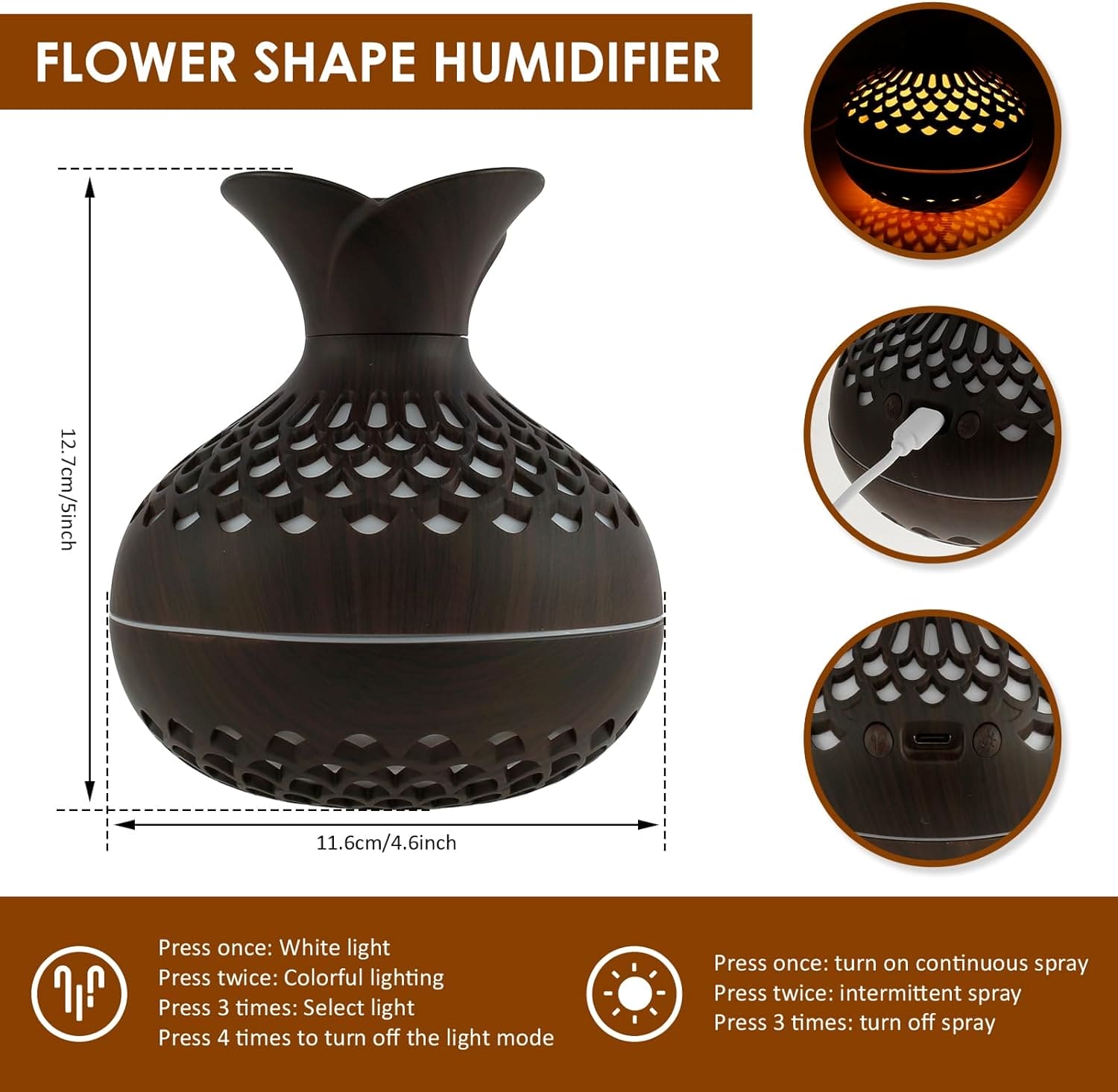 Mini Vase Air Humidifier, Wood Grain Flower Humidifier, 300ml USB Aroma Diffuser,  Electric Ultrasonic Water Aroma Essential Oil Diffuser, Home Room Fragrance Air Purifier, 7 Color Portable Cool Mist Humidifier