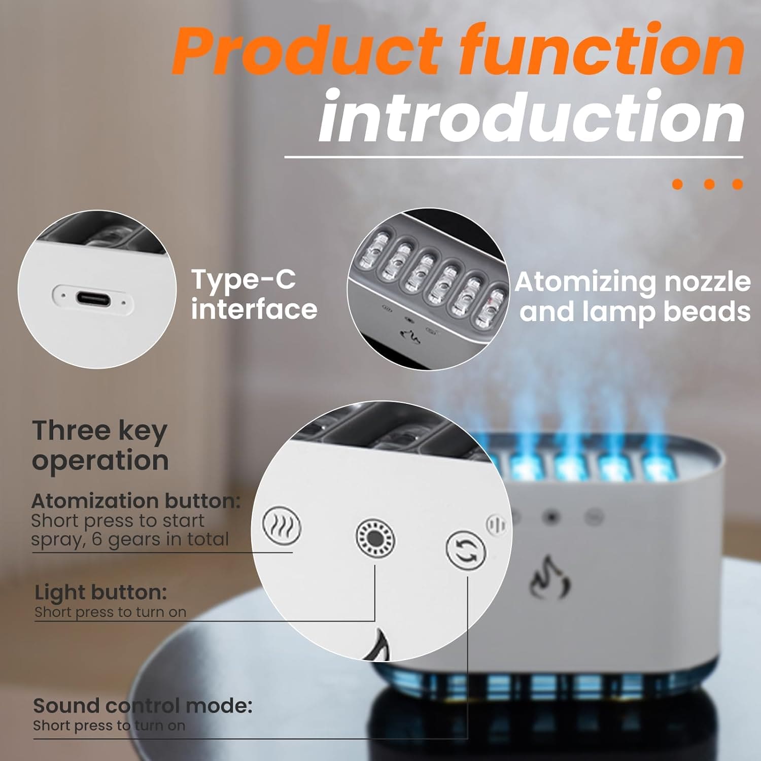 6 Nozzle Water Fogger, Dynamic Music Flame Air Humidifier, Home 900ML RGB Led Light  Diffuser, Ultrasonic Cool Mist Maker Lamp Diffuser, 7 Color Aromatherapy Oil Diffuser