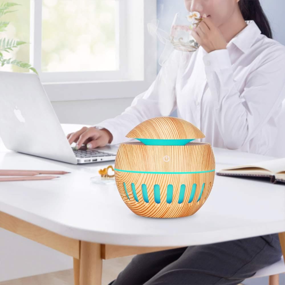 Round Wooden Humidifier, Color Changing Aroma Diffuser, Household Aromatherapy for Home Office, Aroma Oil Diffuser Cool Mist Maker